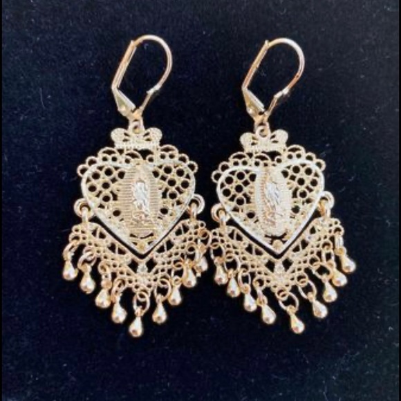 18k Gold Filled Filigree Virgin Guadalupe earrings/Aretes Filigrana Oro Laminado - Picture 5 of 6